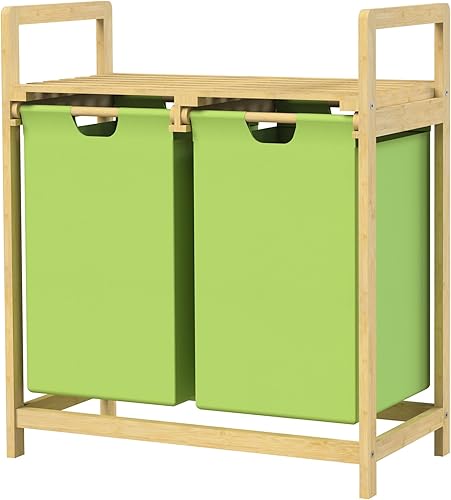 ML-Design Panier à Linge en Bambou, Vert, Collecteur de Linge avec 2 Sacs à Linge Extensibles 60 L, Rangement Buanderie, LxlxH: 63x33x73 cm, Coffre avec Etagère pour Salle de Bain, Chambre, Dortoir - Nail Gallerys