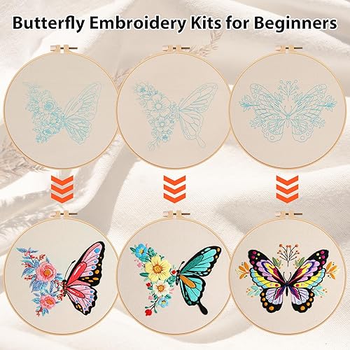 VynyQoo 3pcs Kit Broderie Debutant Papillon, Kit de Broderie, Fils à Broder Kit, Embroidery Kit Broderie Débutant Outil avec Vidéo et Instructions, Kit de Broderie au Point de Croix pour Adultes - Nail Gallerys
