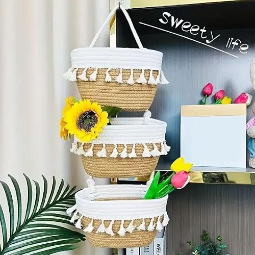 Carroterr Panier à suspendre mural tissé à 3 niveaux, panier à suspendre sur une porte, panier de rangement décoratif amovible, panier de rangement décoratif à suspendre pour cuisine, salle de bain - Nail Gallerys