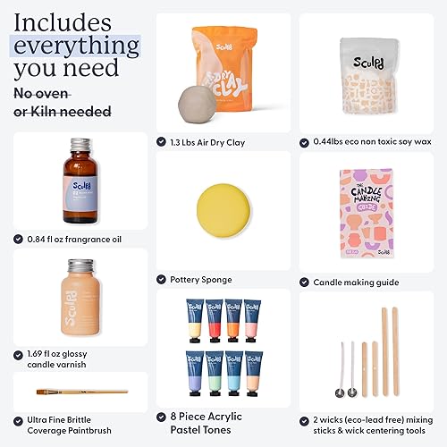 Sculpd Kit de fabrication de bougies et de poterie – Comprend de l'argile séchée à l'air libre, de la cire de soja, 4 stylos de peinture, du parfum et des outils – Cadeau pour adultes, adolescents, - Nail Gallerys