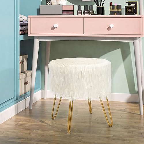 COSTWAY Pouf en Imitation Fourrure, Tabouret de Coiffeuse, Ottoman Rembourré et Compact avec Pieds Dorés en Métal, Design Élégant, Pouf Rond Moelleux pour Salon, Vestiaire, Chambre, Blanc - Nail Gallerys