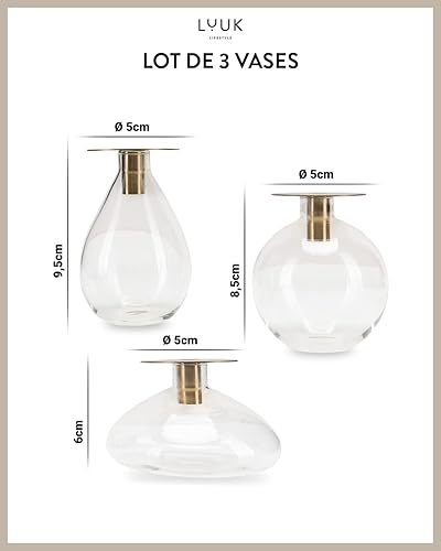 LUUK LIFESTYLE Vases soliflores Tubes à essai en Verre Filigrane, Vases à Fleurs, Lot de 3, vases en Verre Ronds, Objet déco Design scandinave, Support en Bois - Nail Gallerys
