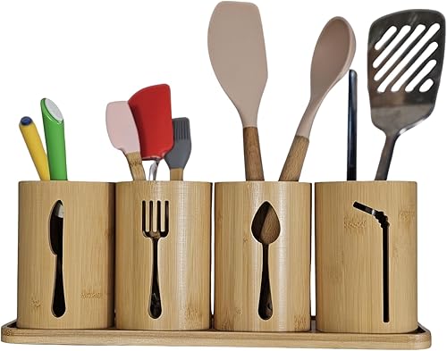 AYAMAX Lot de 4 porte-couverts en bambou avec plateau en bambou | Support décoratif pour couverts de cuisine | Organiseur d'ustensiles de cuisine - Nail Gallerys