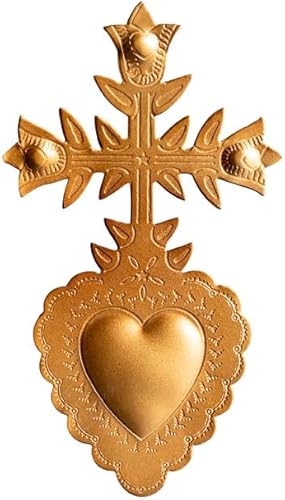 chehoma Ex Voto en Métal Doré Mat, Coeur et Croix Gravés de motifs géométriques, Croix Sainte - Or Dimension : 15x9 cm. - Nail Gallerys