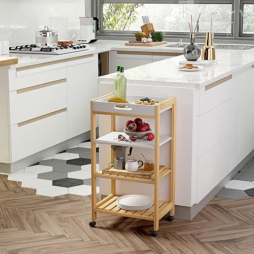 HOMCOM Chariot de Service desserte de Cuisine à roulettes 3 étagères + Plateau Amovible Bois de pin MDF Blanc - Nail Gallerys