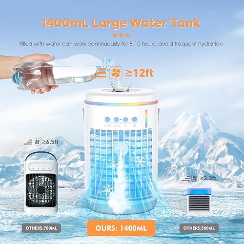 Climatiseur Mobile, 1400ML Mini Climatiseur Portable Refroidisseur d'air avec Télécommande, 4 en 1 Mini Climatiseur Mobile Ventilateur avec 3 Vitesses pour Maison, Bureau, Voyages - Nail Gallerys