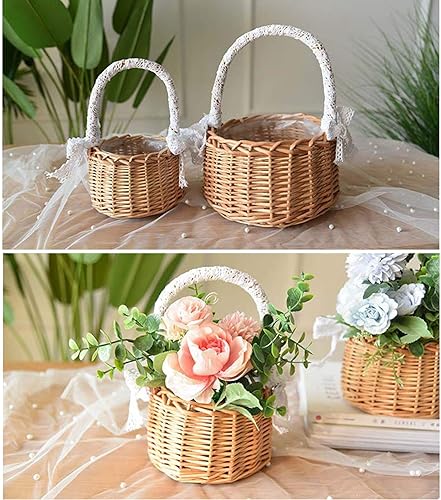 ASSR Lot de 2 paniers de rangement tissés avec poignée et ruban, paniers de fleurs en rotin pour mariage, décoration de jardin – A1 - Nail Gallerys