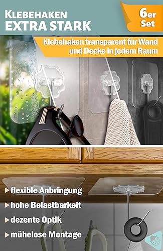 Menz Lot de 6 crochets autocollants transparents extra forts - Résistants aux intempéries - Crochets muraux autocollants - Pour plafond et mur - Polyvalent - Pour cuisine, salle de bain, décoration - Nail Gallerys