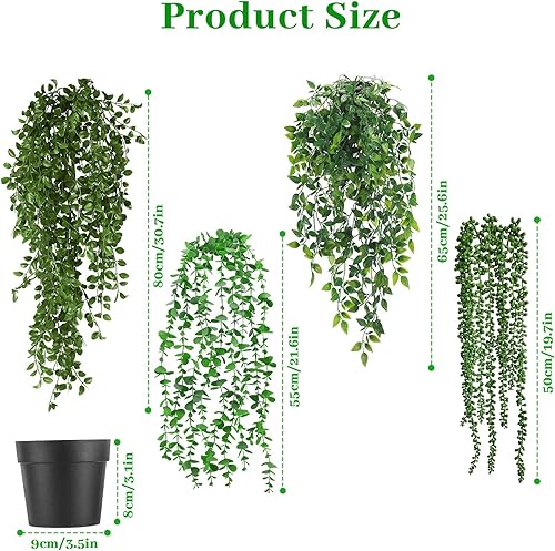 Auauraintt 4 Pcs Plante Artificielle Tombante, 55-80cm Plantes Artificielles Suspendues, Fausse Plante avec Pots Interieur Extérieure Décoration, pour Célébration Bureau Cuisine Jardin - Nail Gallerys
