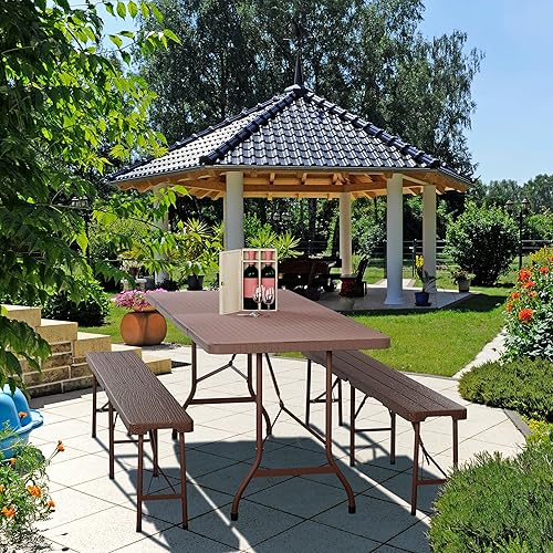 Relaxdays Table de Jardin Pliante, 72x180x74 cm, Plastique et Acier, résistante aux intempéries, 8 Personnes, Marron - Nail Gallerys