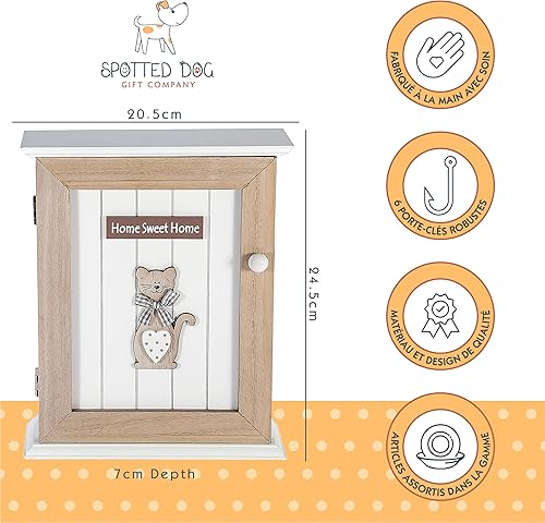 SPOTTED DOG GIFT COMPANY Boite a Clef en Bois, Armoires à Clés Murale avec 6 Crochets, Mignon Chat Thème Maison Cuisine Décorative, Idées Cadeau pour Amoureux des Chats, Brun 21 x 25cm - Nail Gallerys