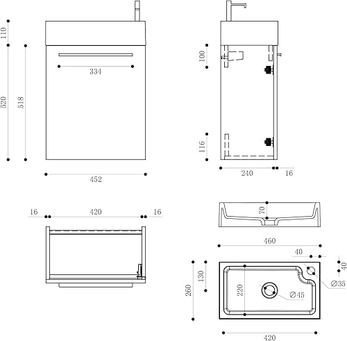 doporro Petit Meuble sous Vasque Blanc Mat et Vasque 46cm Ensemble de 2 Pièces de Meuble de Salle de Bain Design Pisa - Nail Gallerys
