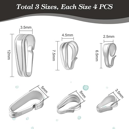 PH PandaHall 12pcs Bélières en argent sterling 925, 3 tailles pendentif Fermoir Clipser les bélières Fixation du pendentif Connecteur de collier Fermoirs à bijoux pour colliers - Nail Gallerys