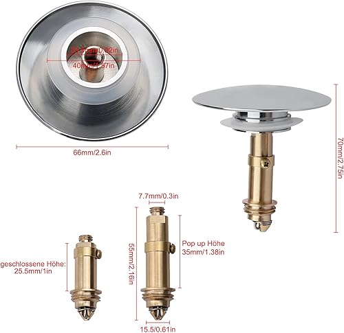 Bouchon Pop-up à Ressort pour évier de Cuisine, Salle de Bain, lavabo, Baignoire, Laiton Massif chromé, 66 mm - Nail Gallerys
