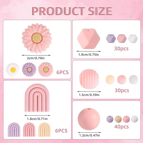 OCCOUMR Lot de 112 perles en silicone en forme de fleur - Perles rondes en vrac - Avec corde en nylon - Pour bricolage, bijoux, porte-clés, bracelets - Nail Gallerys