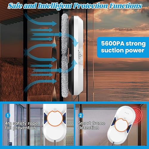 Robot Nettoyeur Vitres, 5600Pa Robot Laveur de Vitre Automatique avec Tank de 60ML et 8 Chiffons de Nettoyage, Pulvérisation Automatique, Navigation Intelligente, Télécommande, 3 Modes de Nettoyage - Nail Gallerys