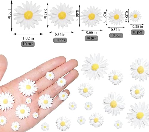 KHDULQ Lot de 50 Mini Marguerite Decoration,Marguerites Plates en RéSine,Marguerite Artificielle, pour Bricolage,DéCoration de FêTe,Cadeau d'anniversaire,Scrapbooking (5 Tailles, Blanc) - Nail Gallerys