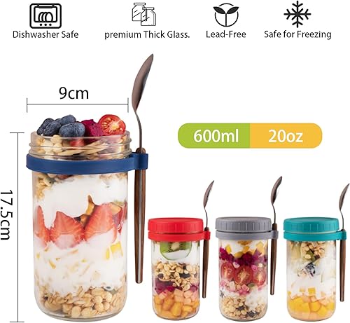 Overnight Oats - Lot de 4 bocaux en verre avec couvercles et cuillères - Grande capacité - Pour lait, céréales, yaourt, fruits - Nail Gallerys