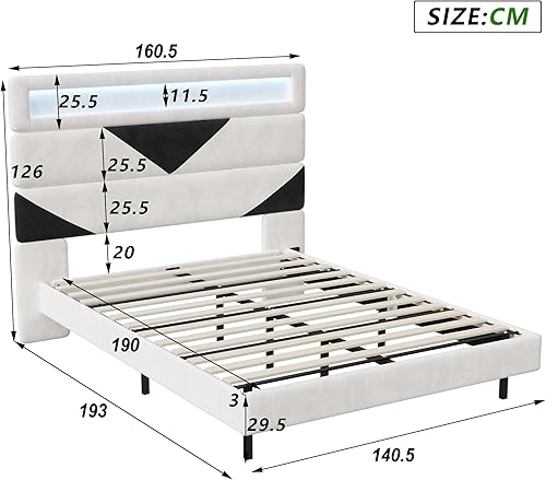 Lit 140 x 190 cm avec éclairage LED - Lit double avec sommier à lattes en bois massif - Matériau velours - Cadre de lit flottant pour adulte avec éclairage, robuste et stable (blanc) - 140 x 190 cm - Nail Gallerys