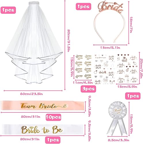 EUZLABBY 17PCS EVJF Accessoire,Enterrement de Vie de Jeune Fille Accessoire,avec 1 Écharpe Future Mariée,10 Team Bride Écharpe,1 Voile Mariée,1 Badge,1 Bandeau Diadème,3 Tatouage,Accessoires de fête. - Nail Gallerys