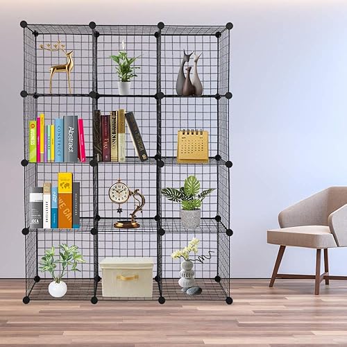Bonnlo Étagère Cube en Grille, Étagère de Rangement à 12 Compartiments, Meuble en illustres métallique, Placard, Noir, 107 x 37 x 140 cm - Nail Gallerys