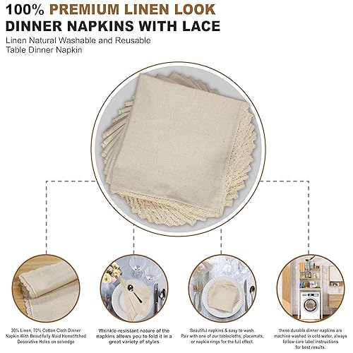 Serviette en lin et coton ajourées 51 x 51 cm, Tissu, Flax With Lace, 20x20 Inch - Nail Gallerys