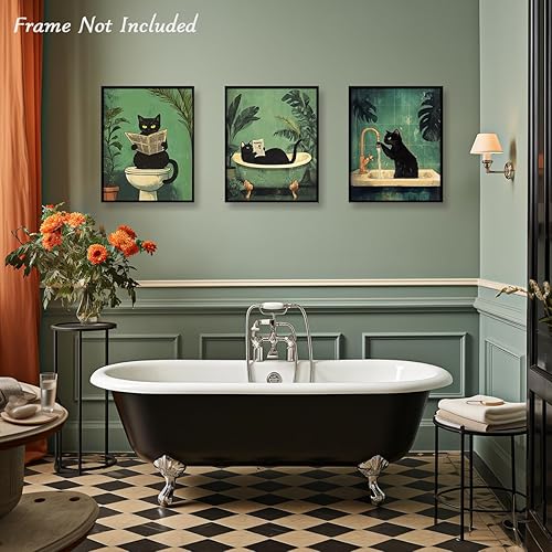 Dazzlewall Ensemble de 3 Illustrations Drôles pour Salle de Bain d'un Chat Noir Se Lavant les Pattes, Imprimés d'Art Vintage pour la Décoration de Salle de Bain ou Toilettes 20x25 cm Sans Cadre - Nail Gallerys