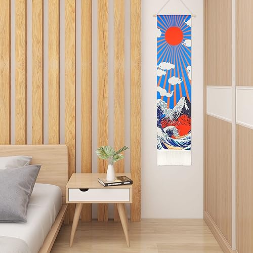 LIGICKY Tapisserie murale japonaise à suspendre avec pompons Ukiyoe Hokusai La Grande Vague de Kanagawa Vague Coucher de soleil Fuji Montagne pour salon, chambre à coucher, dortoir (32,5 x 130 cm) - Nail Gallerys