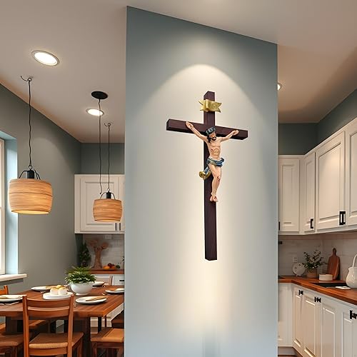 Kaltner Präsente Idée cadeau - Croix murale en bois de hêtre véritable - Croix en noyer avec figurine Jésus-Christ peinte à la main en pierre artificielle (hauteur 50 cm) - Nail Gallerys