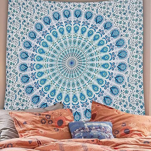 FURNISHFUL FINESSE Tapisserie mandala paon pour chambre à coucher, style indien, bohème, tentures murales, hippie, psychédélique, décoration de chambre, couvre-lit, tapis de yoga, 76 x 102 cm, bleu - Nail Gallerys
