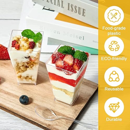 KAHEIGN 60 Pièces Mini Coupes à Dessert, 90ml Carré Haute Gobelets à Dessert en Plastique Coupe Apéritif Parfait Clair Bol de Service Réutilisable pour Fête de Mousse Pouding Dessert (3,8 x 8,3cm) - Nail Gallerys
