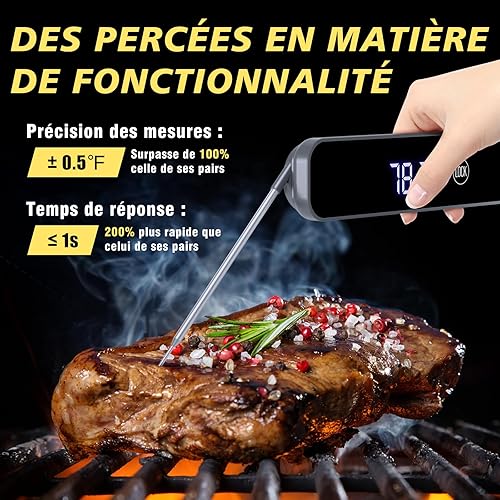 Thermometre Cuisine,[1s Lectures+Affichage Mumérique] Homtronics Thermomètre Cuisine Sonde Rechargeable,Thermometre de Cuisson Viande Rétroéclairage LCD pour Cuisson, Viande, BBQ, Steak, Huile, Lait - Nail Gallerys