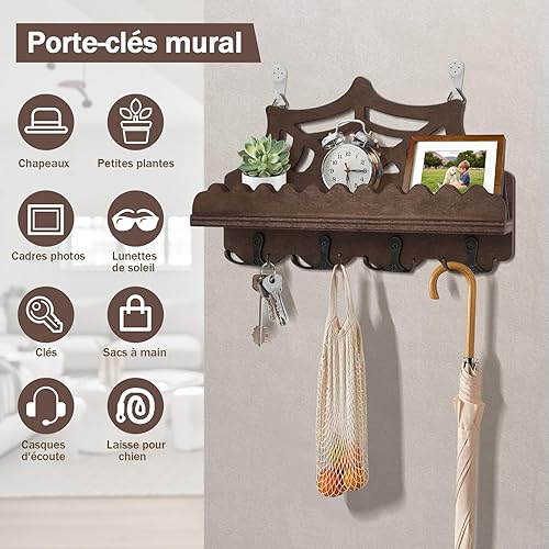 Porte Clef Mural avec Étagère, Tableau Support de Clés en Bois, Accroche Clé avec 9 Crochets pour Entrée, Bureau et Couloir - Nail Gallerys
