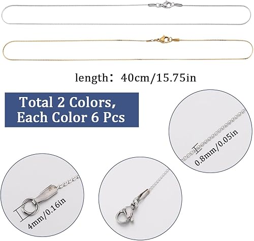 SUNNYCLUE 12 PACK 16 pouces / 0.4 m 1 mm Chaînes de Collier en Acier Inoxydable Chaînes de Fabrication de Collier en Vrac en Métal Or Argent Fermoirs à Griffes de Homard Chaîne à Maillons de Câble pou - Nail Gallerys