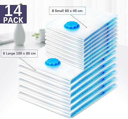 Suob Lot de 14 Sacs de Rangement sous Vide, 6 Sacs de 80x100cm+8 Sacs de 40x60cm Sac de Compression Voyages Réutilisables pour Matelas, Tente, Vêtements, Couettes, Literie, Oreillers - Nail Gallerys