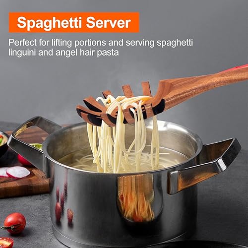 Ensemble de salle à manger en bois avec grande cuillère à spaghetti et cuillère à spaghetti en bois avec dents - Fourchette idéale - Ustensiles de cuisine et bol (marron, 32 x 8 cm) - Nail Gallerys