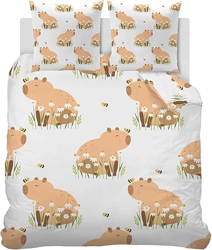 CCZM Housse de Couette 90x190 Capybara Parure de Lit Fleurs avec Fermeture Éclair, Housse Couette 1 Personne Imprimée Animaux De Dessin Animé en Microfibre avec 2 Taie d'oreiller 65x65 cm D-528 - Nail Gallerys