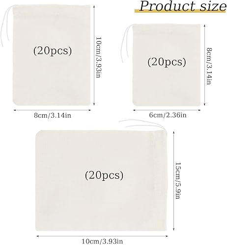 JINXIAN 60 Pièces Sachet The a Remplir Sacs Sachet de Thé Réutilisable Sac Tissu Cordon 3 Tailles Différentes Pochon Tissu pour Infuseur Thé Café éPices - Nail Gallerys