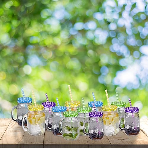 Relaxdays Jarres avec Paille et Couvercle, en Lot de 12, Volume : 500 ML, Design rétro, Verre avec Anse, Multicolore - Nail Gallerys