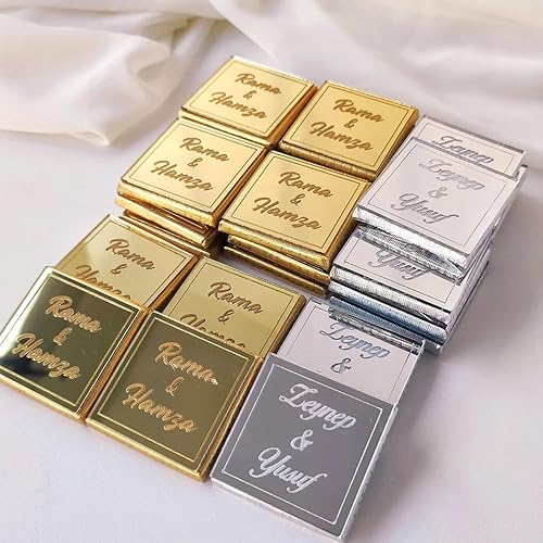 20/50/100 Pièces Étiquette Carrée Miroir Dorée Personnalisée For Breloques De Cupcake En Chocolat, Nom De Mariage Gravé Décoration De Fête D'anniversaire De Baptême (pas De Chocolat, Pas De Rubans)(50 - Nail Gallerys