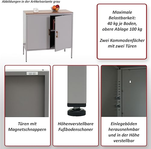 Mendler Commode HWC-L84, Buffet Armoire, 2 Portes métal 90x90x40cm, mélaminé - Gris - Nail Gallerys