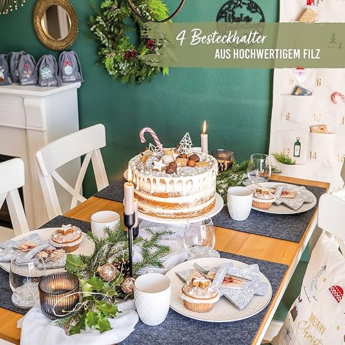 Papierdrachen Lot de 4 porte-couverts en feutre – Motif cerf – Couleur marron avec impression de qualité – Décoration de Noël – Décoration de table festive – Set 7 - Nail Gallerys