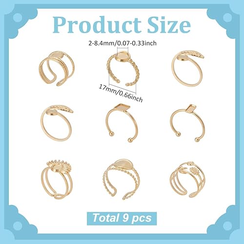 WADORN Lot de 9 bagues vides plaquées or 18 carats - Composants de bague plates réglables en acier inoxydable 304 - Pour la fabrication de bijoux DIY - Nail Gallerys