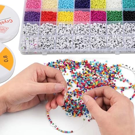 10000+ perles pour bracelet, 3mm perles de rocaille couleurs kit, 24 couleurs perles Lettres avec cordon élastique pour Adulte Enfant Noël anniversaire création de bijoux bracelets collier - Nail Gallerys