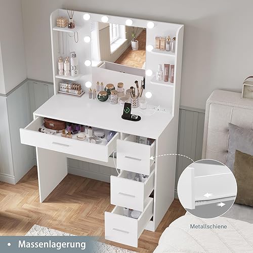 TEENFON Coiffeuse avec Miroir et éclairage LED, 3 Couleurs avec Luminosité Réglable, Prise de Courant, Coiffeuse avec 5 Crochets pour Bijoux, 4 Tiroirs et 4 étagères Ouvertes, Blanc - Nail Gallerys
