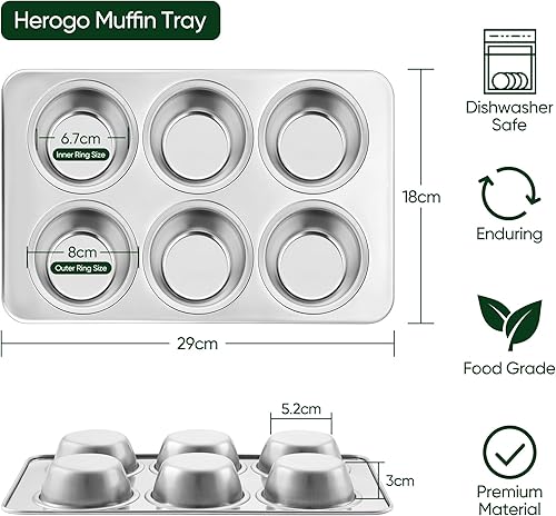 Herogo Lot de 2 moules à muffins en acier inoxydable pour 6 muffins, cupcakes, pudding, tarte, passent au lave-vaisselle, au four, non toxique - Nail Gallerys