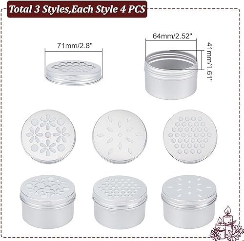 PH PandaHall 12pcs Boîtes en aluminium, 3 styles Tins métalliques vides ronds avec des couvercles creux Récipients d'épices rechargeables pour désraquage d'air d'aromathérapie Bougies, 7x4.25cm - Nail Gallerys