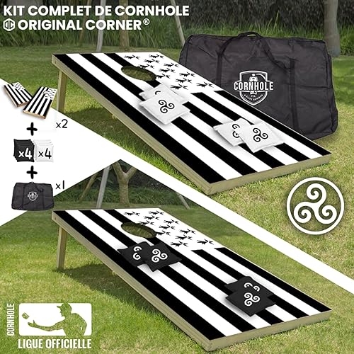 Original Cornhole® Officiel Drapeau Breton | Jeu Cornhole Américain Noir et Blanc | Bretagne, Breizh | Bois Premium | 2 Planches + 8 Sacs + Housse de Transport | OriginalCorner® - Nail Gallerys