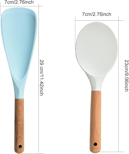 Lot de cuillères à riz, cuillères à riz debout et spatule à riz avec manche en bois, cuillères de cuisine en silicone résistantes à la chaleur, avec trou de suspension (couleur : blanc + bleu) - Nail Gallerys
