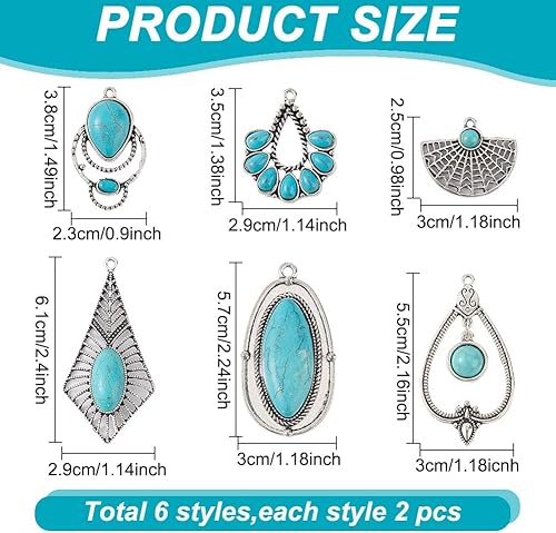 GOMAKERER 12pcs 6 styles Breloques Turquoise de Style Tibétain, Pendentifs en Alliage de Pierres Précieuses Breloques Rétro Occidentales Pendentifs Pendants pour Fabrication de Bijoux, Artisanat DIY - Nail Gallerys